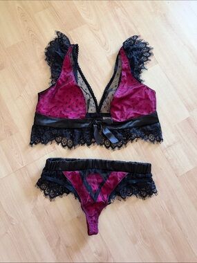 Roma Burgundy & Black Lace Bralette and Thong Set